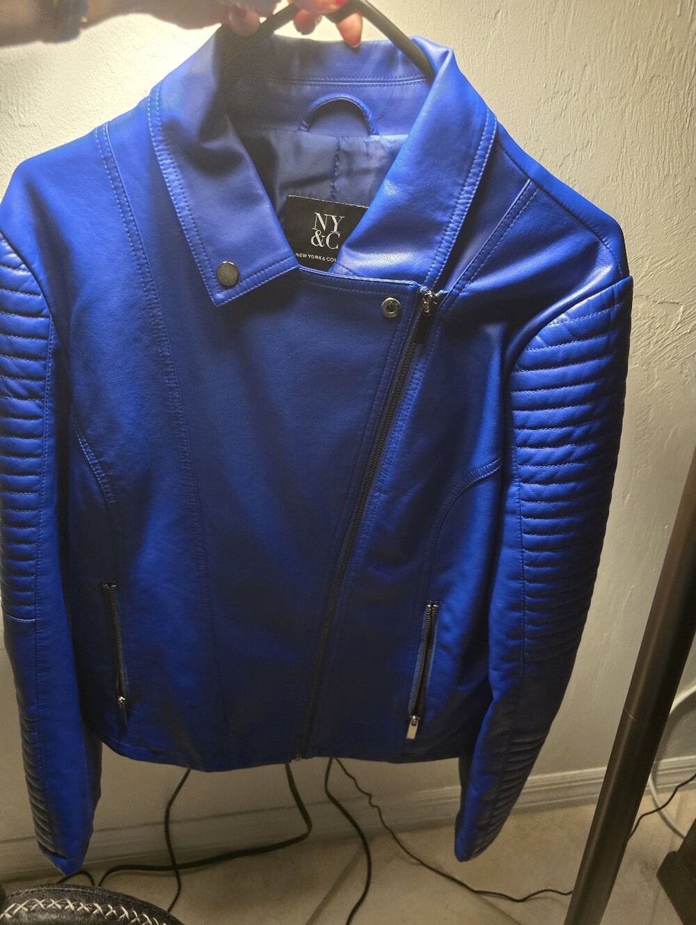 New York & Company Blue Faux Leather Moto Jacket